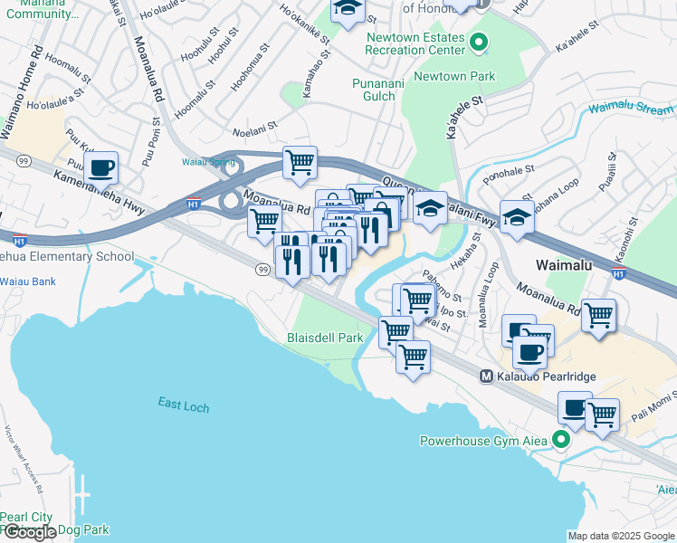 map of restaurants, bars, coffee shops, grocery stores, and more near 98-138 Hila Place in Pearl City