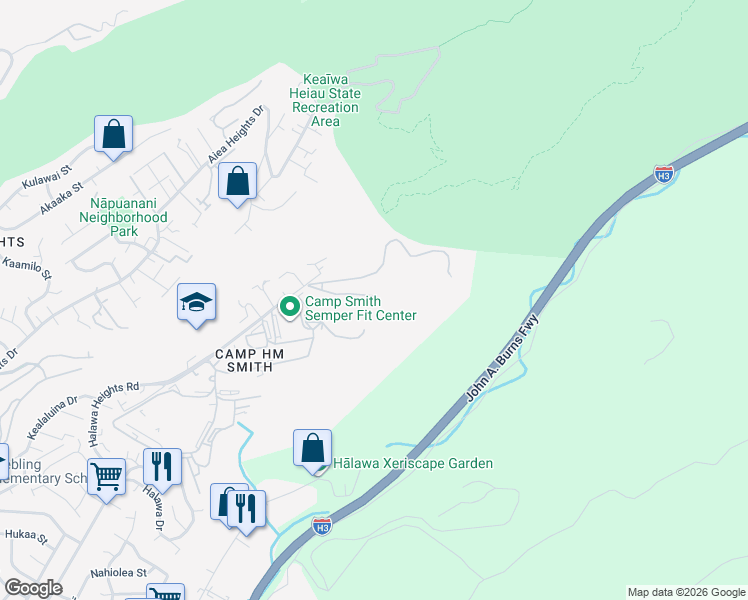 map of restaurants, bars, coffee shops, grocery stores, and more near 763 Anderson Road in Aiea