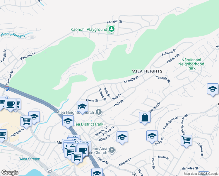 map of restaurants, bars, coffee shops, grocery stores, and more near 98-1219 Mahipua Street in Aiea