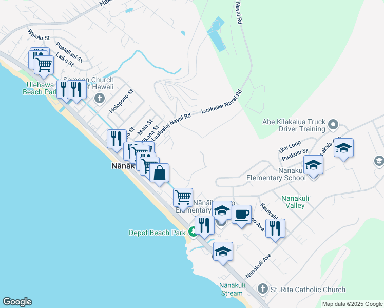map of restaurants, bars, coffee shops, grocery stores, and more near 87-169 Helelua Street in Waianae