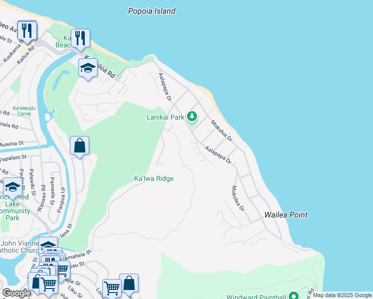 map of restaurants, bars, coffee shops, grocery stores, and more near 1017 Koohoo Place in Kailua
