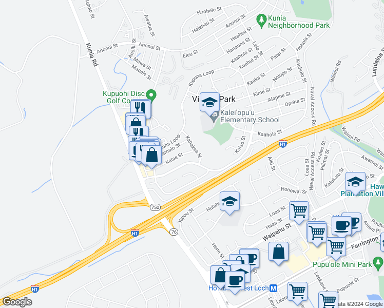 map of restaurants, bars, coffee shops, grocery stores, and more near 94-755 Kalae Street in Waipahu