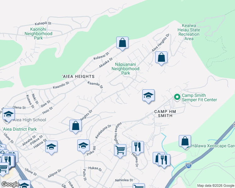 map of restaurants, bars, coffee shops, grocery stores, and more near 99-947 Aiea Heights Drive in Aiea