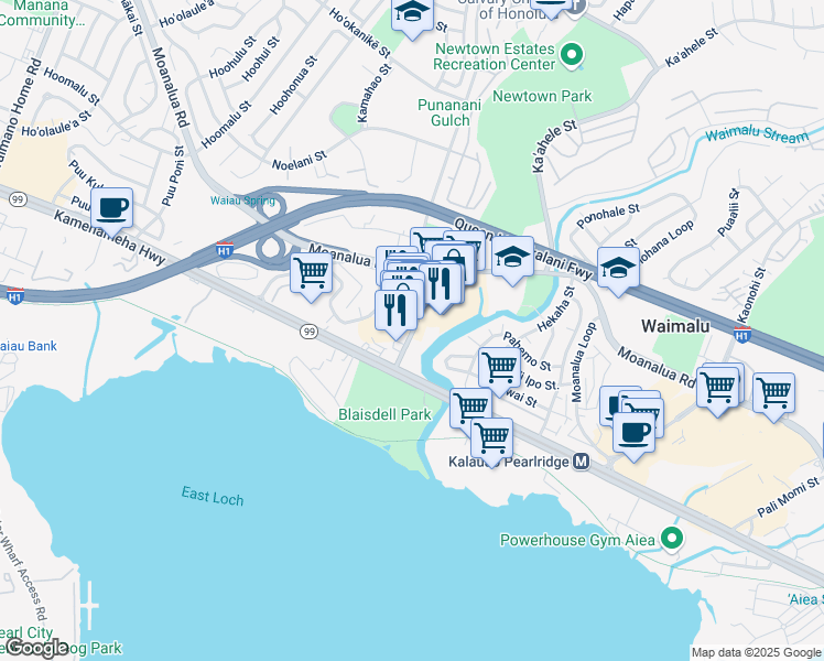 map of restaurants, bars, coffee shops, grocery stores, and more near 98-1254 Kaahumanu Street in Waimalu