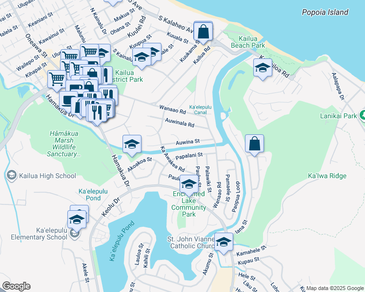 map of restaurants, bars, coffee shops, grocery stores, and more near 554 Papalani Street in Kailua