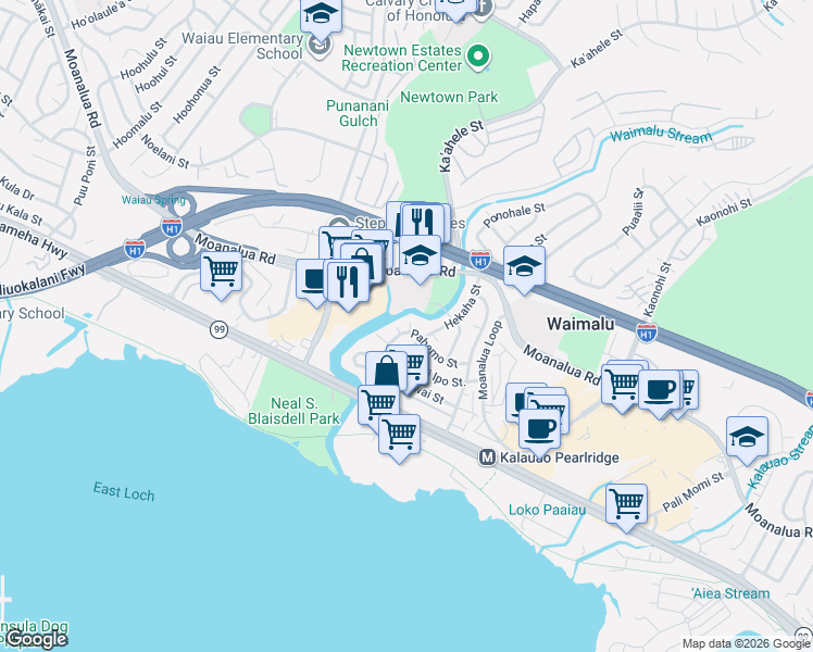 map of restaurants, bars, coffee shops, grocery stores, and more near 98-188 Pahemo Street in Aiea