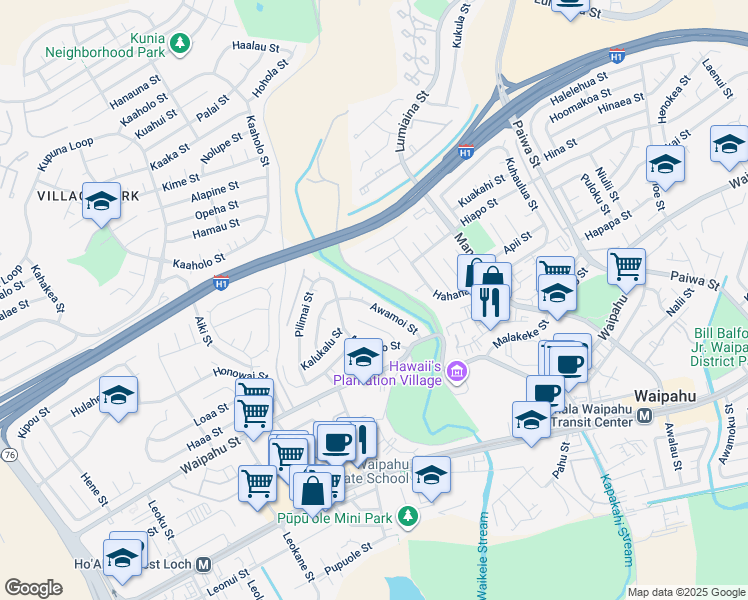 map of restaurants, bars, coffee shops, grocery stores, and more near 94-521 Awamoi Street in Waipahu