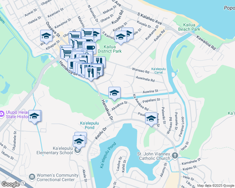 map of restaurants, bars, coffee shops, grocery stores, and more near 1030 Aoloa Place in Kailua
