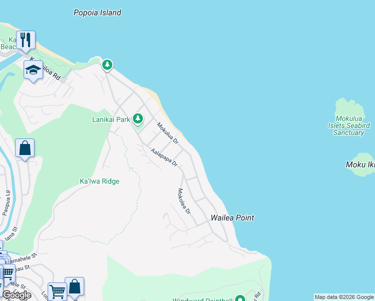 map of restaurants, bars, coffee shops, grocery stores, and more near 1203 Mokulua Drive in Kailua