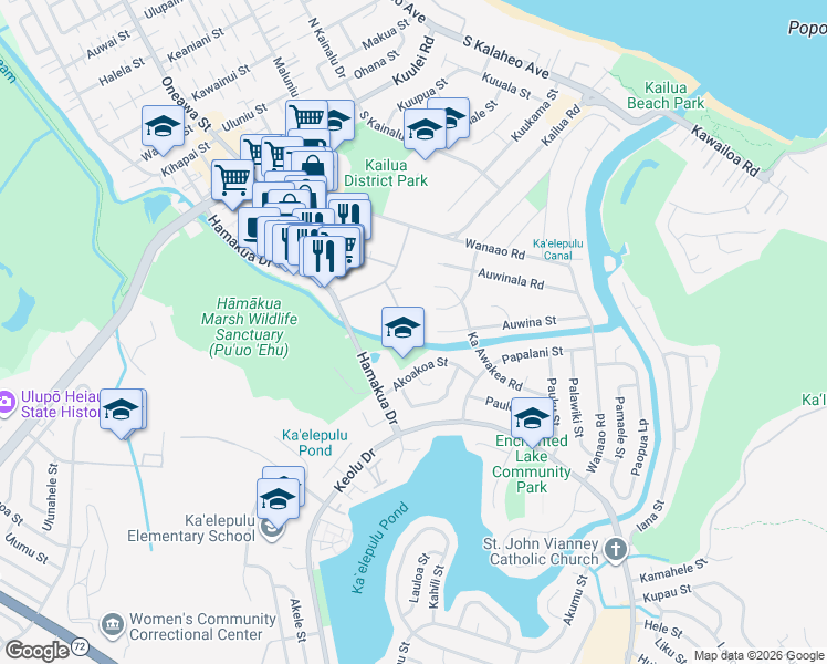 map of restaurants, bars, coffee shops, grocery stores, and more near 1030 Aoloa Place in Kailua