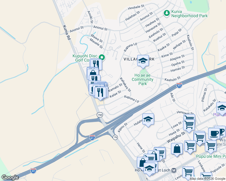 map of restaurants, bars, coffee shops, grocery stores, and more near 94-726 Kalae Street in Waipahu