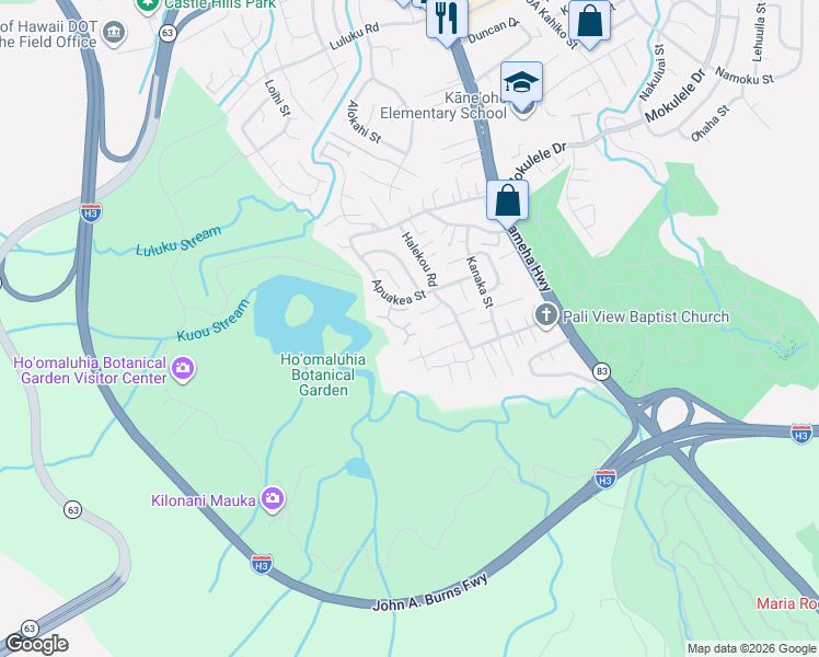 map of restaurants, bars, coffee shops, grocery stores, and more near 45-620 Koai'e Place in Kaneohe