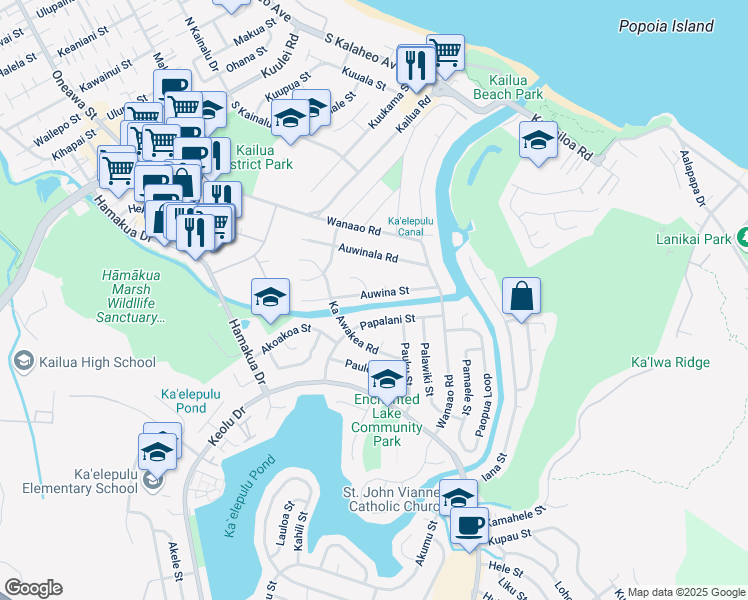 map of restaurants, bars, coffee shops, grocery stores, and more near 554 Papalani Street in Kailua
