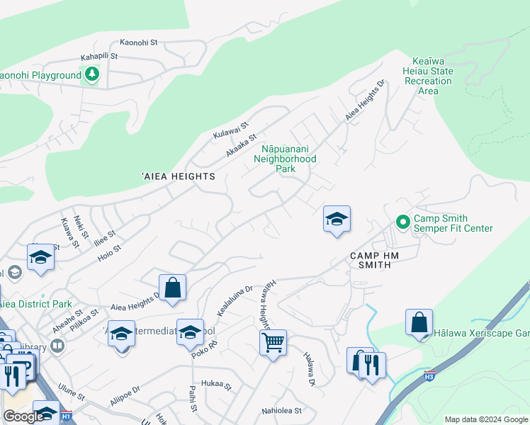 map of restaurants, bars, coffee shops, grocery stores, and more near Aiea Heights Drive in Aiea