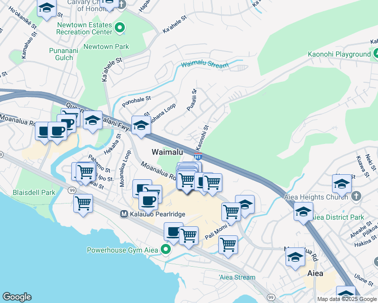 map of restaurants, bars, coffee shops, grocery stores, and more near Queen Liliuokalani Freeway in Aiea