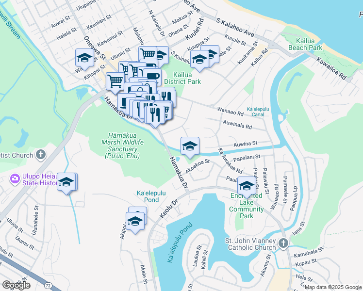 map of restaurants, bars, coffee shops, grocery stores, and more near 1020 Aoloa Place in Kailua