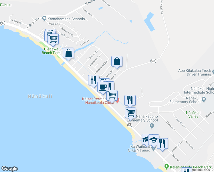 map of restaurants, bars, coffee shops, grocery stores, and more near 87-195 Mikana Street in Waianae