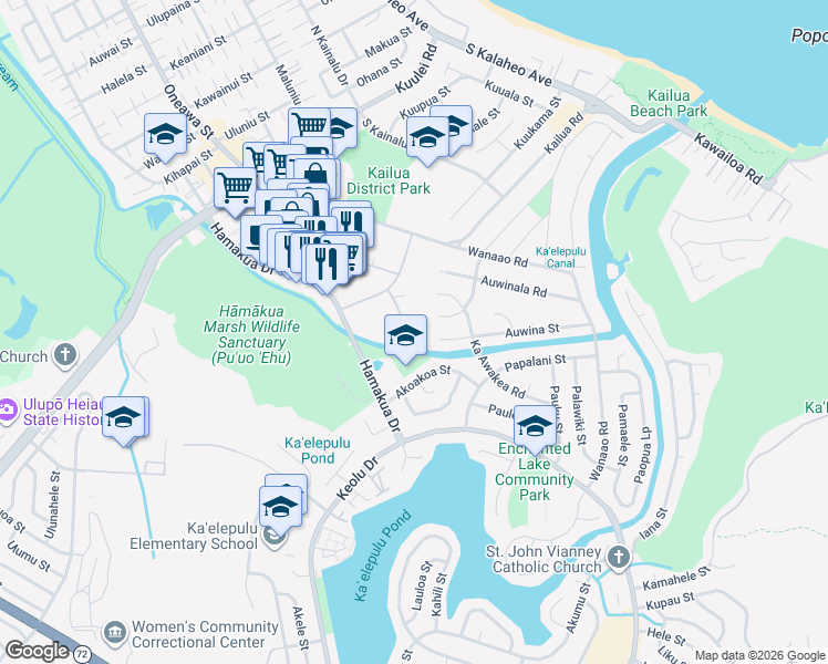 map of restaurants, bars, coffee shops, grocery stores, and more near 1030 Aoloa Place in Kailua