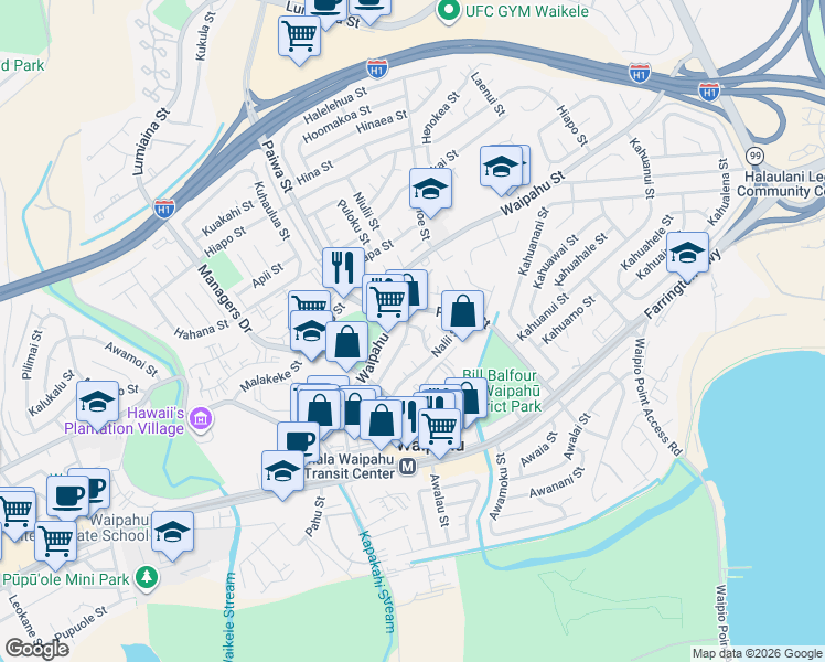 map of restaurants, bars, coffee shops, grocery stores, and more near 94-1017 Kahuailani Street in Waipahu