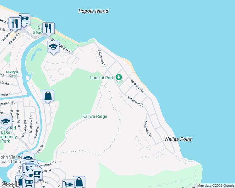 map of restaurants, bars, coffee shops, grocery stores, and more near 1017 Koohoo Place in Kailua