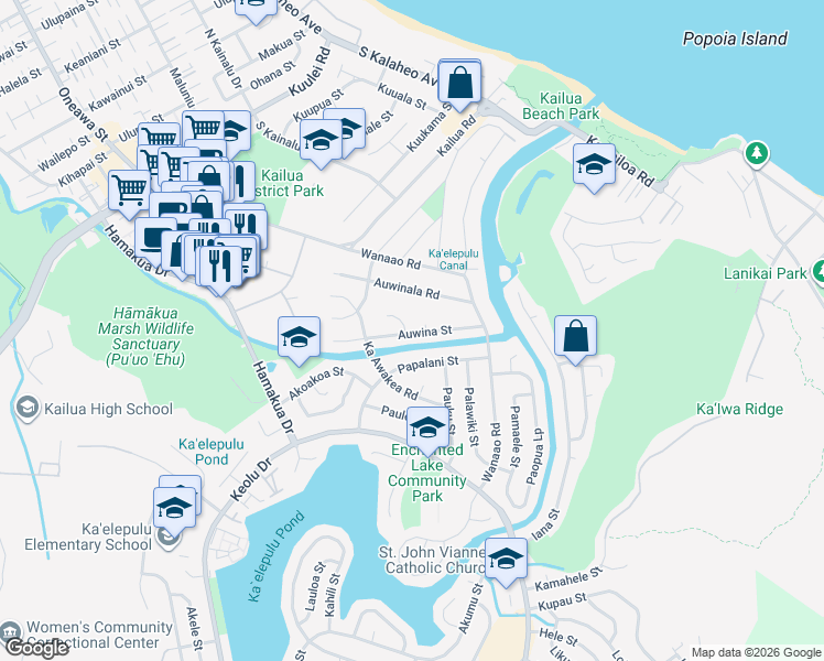 map of restaurants, bars, coffee shops, grocery stores, and more near 554 Papalani Street in Kailua
