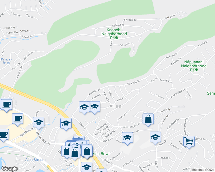 map of restaurants, bars, coffee shops, grocery stores, and more near 98 Kaamilo Street in Aiea