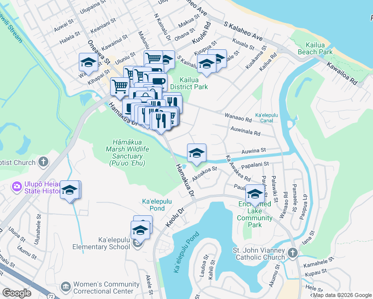 map of restaurants, bars, coffee shops, grocery stores, and more near 1020 Aoloa Place in Kailua