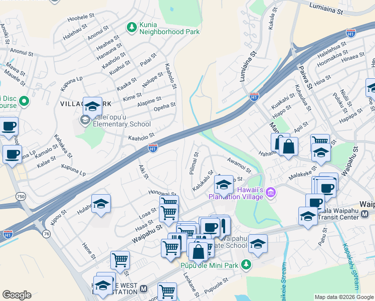 map of restaurants, bars, coffee shops, grocery stores, and more near 94-538 Koaleo Street in Waipahu