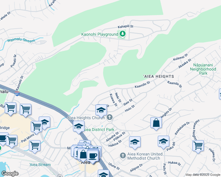 map of restaurants, bars, coffee shops, grocery stores, and more near 98-906 Kaamilo Street in Aiea