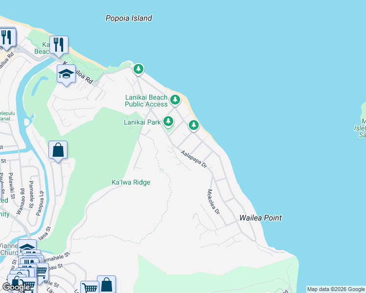 map of restaurants, bars, coffee shops, grocery stores, and more near 1059 Aalapapa Drive in Kailua