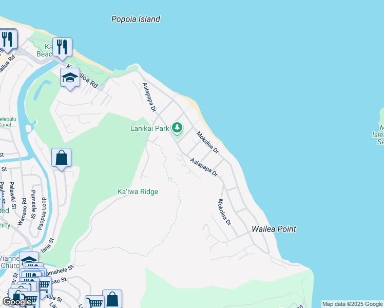 map of restaurants, bars, coffee shops, grocery stores, and more near 149 Haokea Drive in Kailua