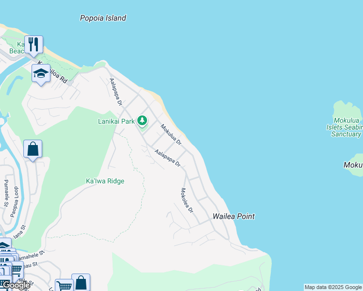 map of restaurants, bars, coffee shops, grocery stores, and more near 1203 Mokulua Drive in Kailua