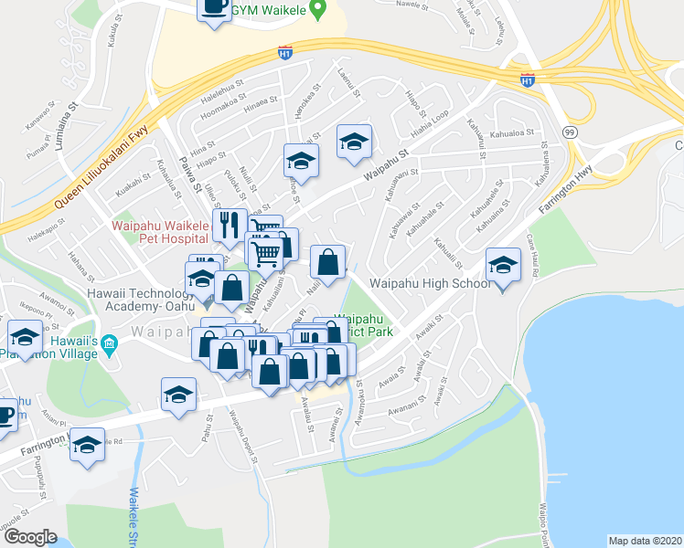 map of restaurants, bars, coffee shops, grocery stores, and more near 94-302 Paiwa Street in Waipahu