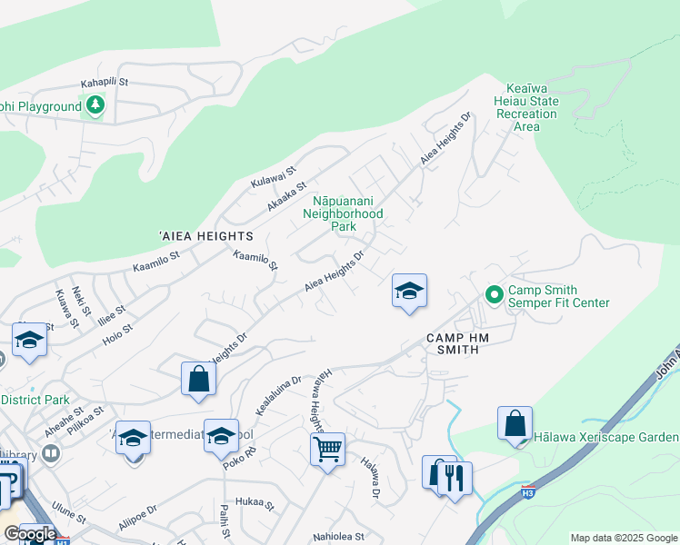 map of restaurants, bars, coffee shops, grocery stores, and more near Aiea Heights Drive in Aiea