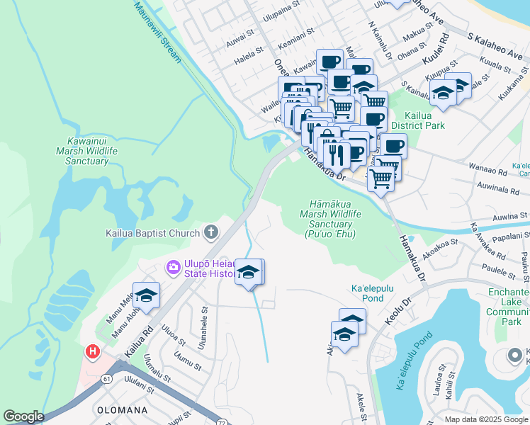map of restaurants, bars, coffee shops, grocery stores, and more near 1005G Kailua Road in Kailua
