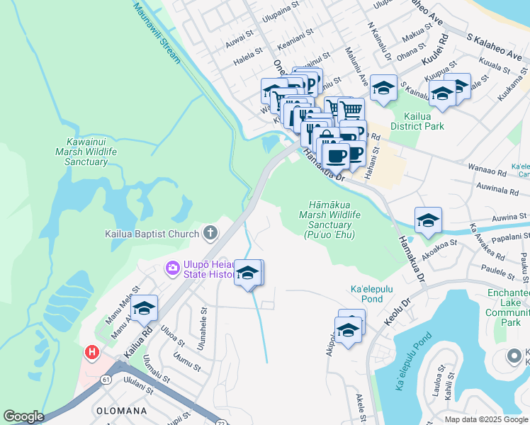 map of restaurants, bars, coffee shops, grocery stores, and more near 1005G Kailua Road in Kailua