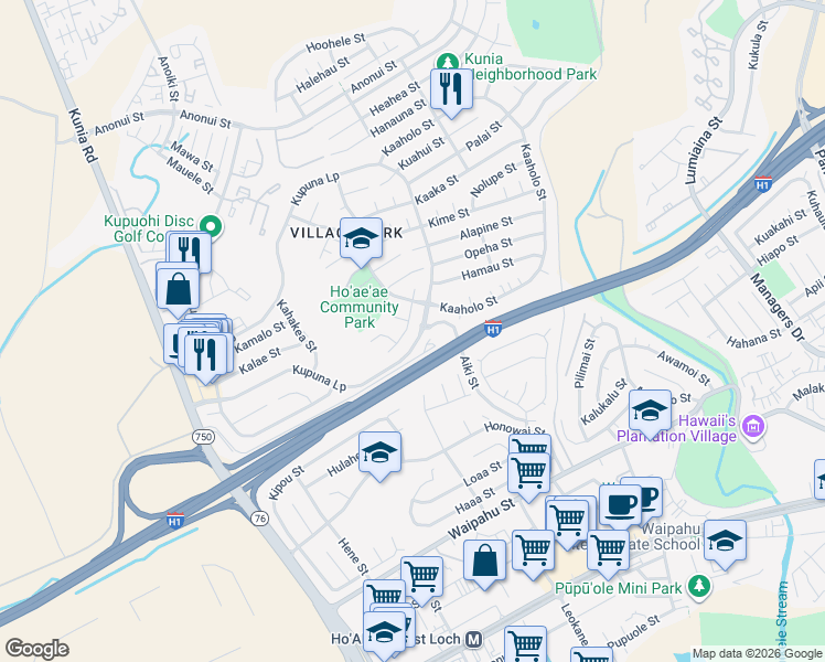 map of restaurants, bars, coffee shops, grocery stores, and more near 94-752 Kaiao Street in Waipahu