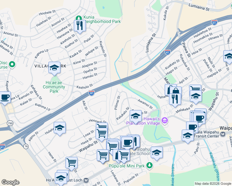 map of restaurants, bars, coffee shops, grocery stores, and more near 94-560 Koaleo Street in Waipahu