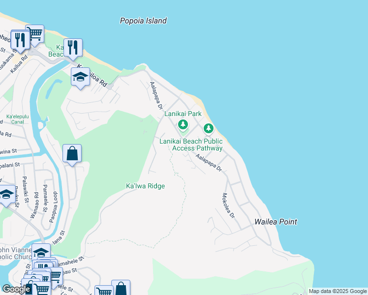 map of restaurants, bars, coffee shops, grocery stores, and more near 1001 Koohoo Place in Kailua