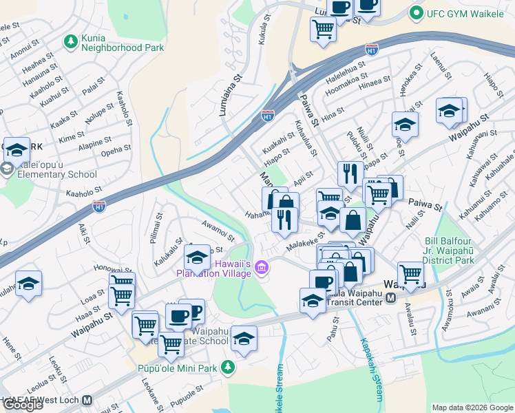 map of restaurants, bars, coffee shops, grocery stores, and more near 94-524 Halekuai Place in Waipahu