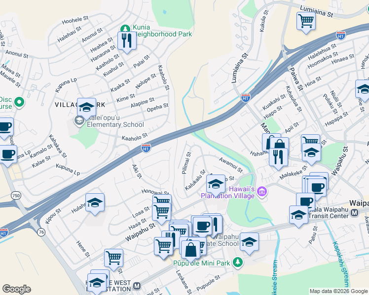 map of restaurants, bars, coffee shops, grocery stores, and more near 94-560 Koaleo Street in Waipahu