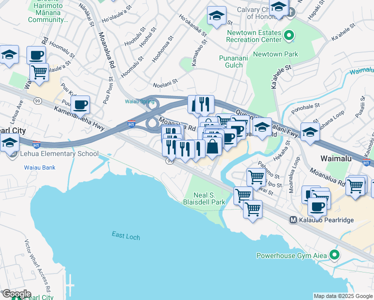 map of restaurants, bars, coffee shops, grocery stores, and more near 98 Kauhihau Place in Pearl City