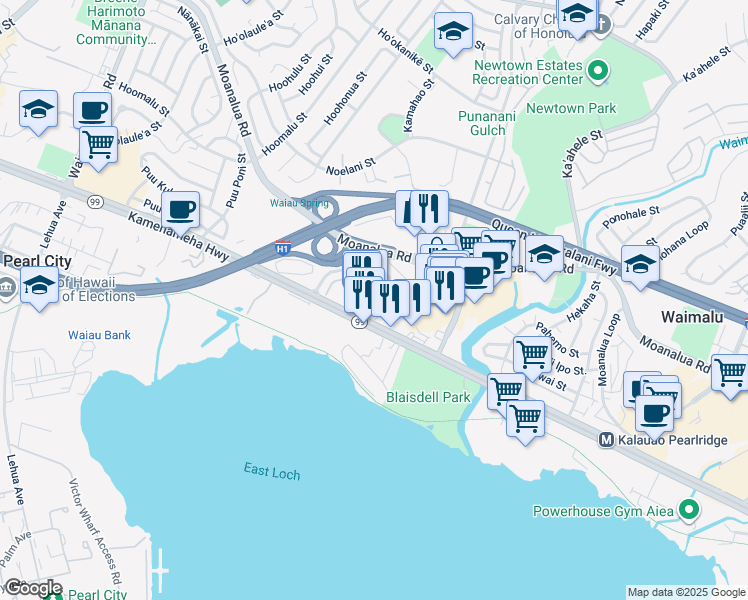 map of restaurants, bars, coffee shops, grocery stores, and more near 98-163 Kaulike Drive in Pearl City