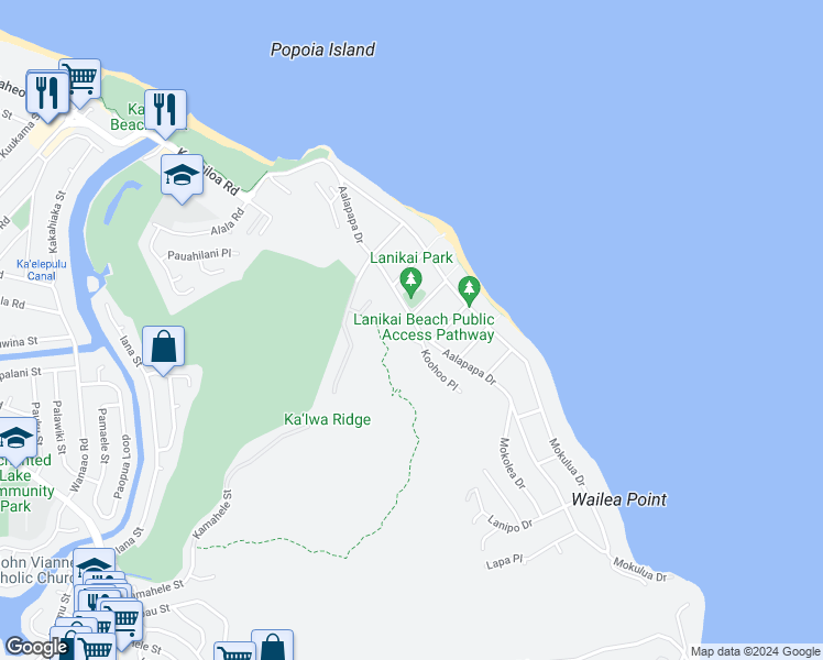 map of restaurants, bars, coffee shops, grocery stores, and more near 1001 Koohoo Place in Kailua