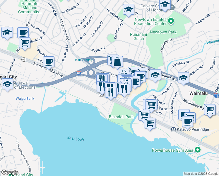 map of restaurants, bars, coffee shops, grocery stores, and more near 98-153 Kauhihau Place in Pearl City