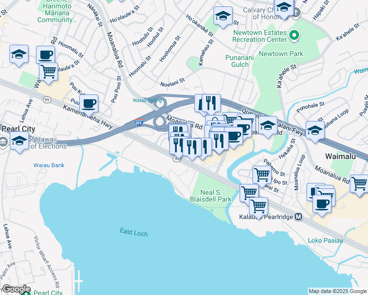 map of restaurants, bars, coffee shops, grocery stores, and more near 98-155 Kaulike Drive in Pearl City