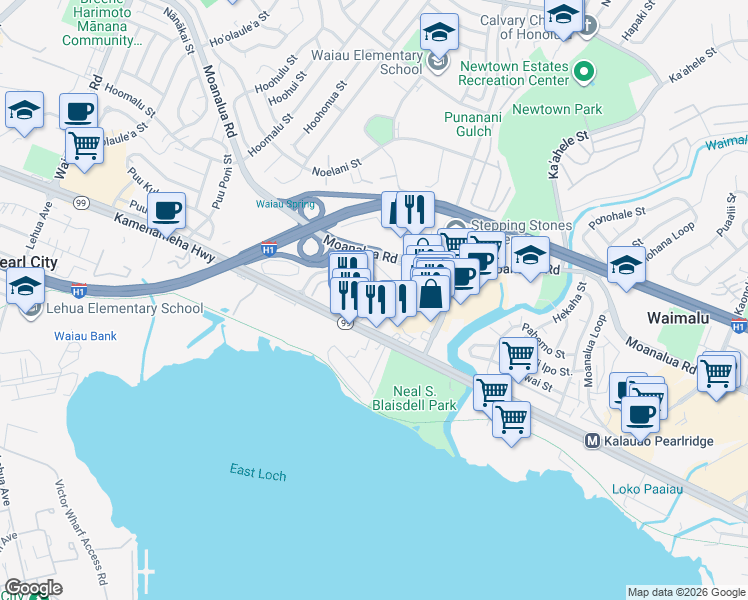 map of restaurants, bars, coffee shops, grocery stores, and more near 98-153 Kauhihau Place in Pearl City