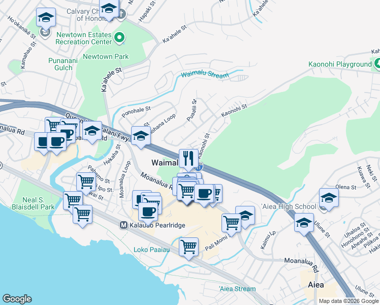 map of restaurants, bars, coffee shops, grocery stores, and more near 98-342 Kaonohi Street in Aiea