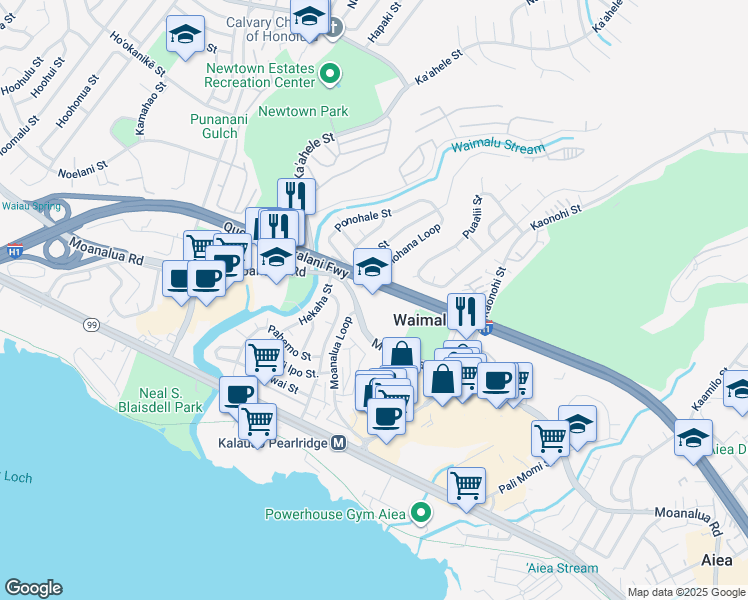 map of restaurants, bars, coffee shops, grocery stores, and more near 98-940 Moanalua Road in Aiea