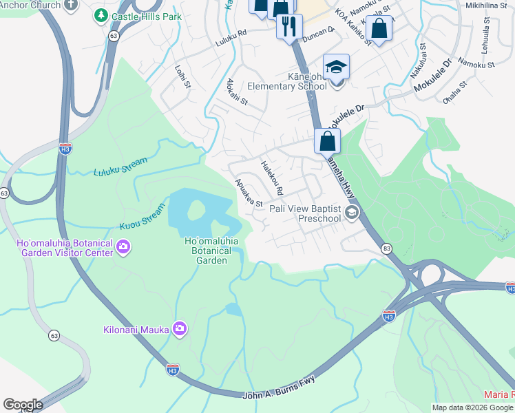 map of restaurants, bars, coffee shops, grocery stores, and more near 45-642 Apuakea Street in Kaneohe